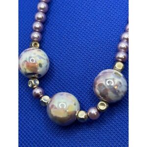 Pearlescent Beaded Necklace Floral Toggle Clasp Ceramic Purple‎ Pink 22"